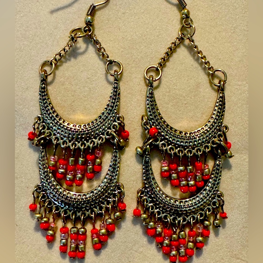 Gold with Orange Accents Bohemian Dangling Earrings